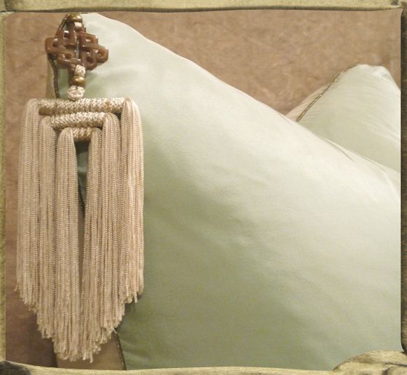 TRIDENT silk cushion in Duck Egg and Oyster Pompadour taffeta and ivory tassel.