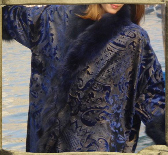 MING blue gaufraged velvet coat trimmed in fox.