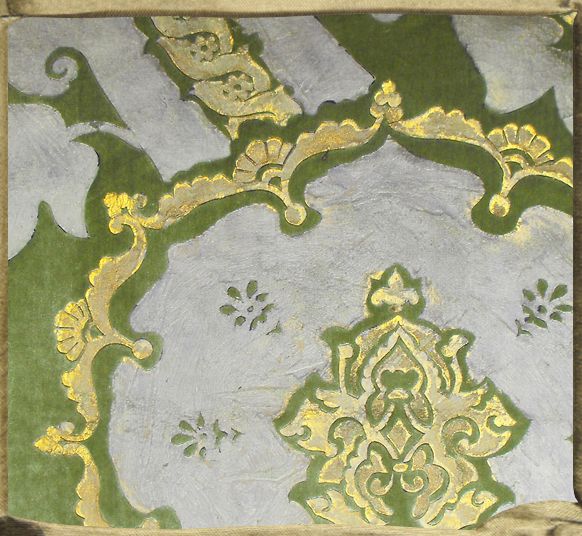 SANG SACRE in custom Mantova green gaufraged velvet in lilac and gold, detail of bed spread.