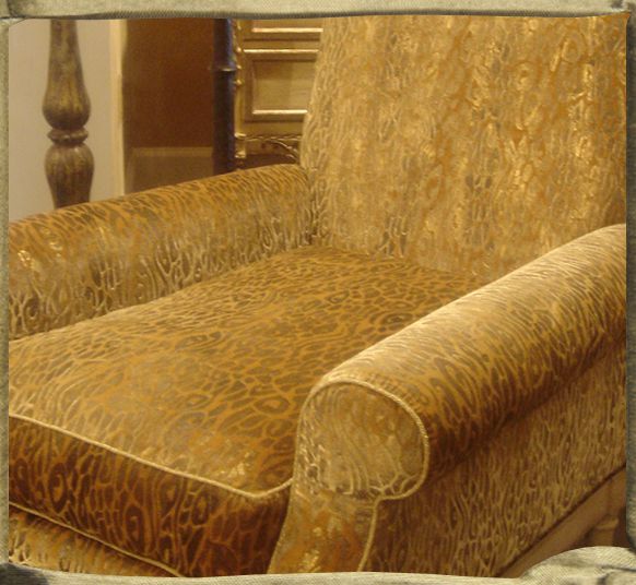 EUCALYPTUS LEOPARD gaufraged on Sahrah velvet with browns and golds on Hendrix and Allardyce armchair.