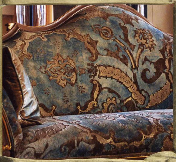 SANG SACRE Bronze and Turquoise silk velvet on Michel Harmouche sofa.