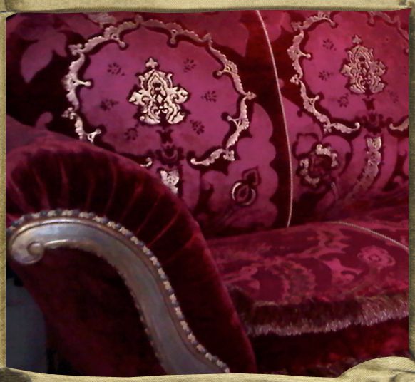 SANG SACRE on La Scala Turner silk velvet, sofa by Hendrix and Allardyce.