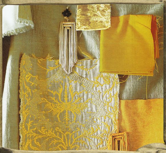 Composition with TOPKAPI, a saffron silk, Washed Linen velvet in two shades and BROCATELLE. Background RIPPLED HEMP.