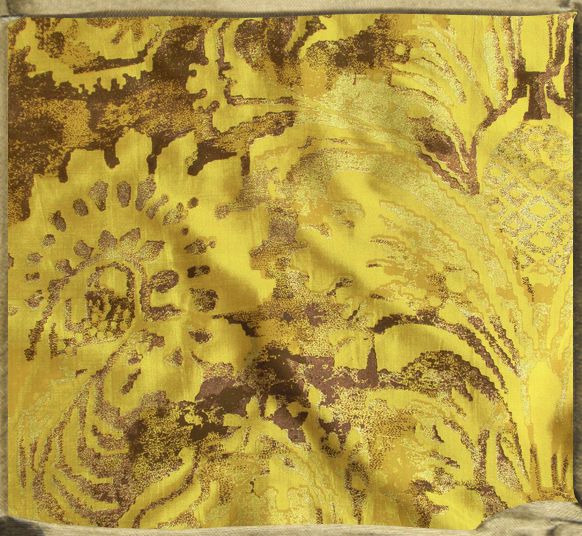 FONTAINEBLEAU flat printed silk in mustard, browns and gold.