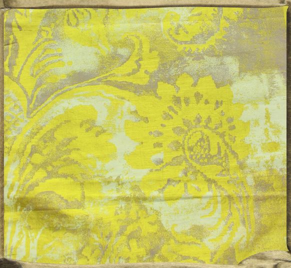 FONTAINEBLEAU flat printed silk on acid yellow with chalky whites and lilac-grey.