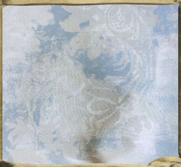 FONTAINEBLEAU flat printed silk in grey ecru silk with chalky white and blue.